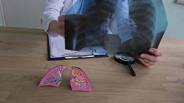 Doctor examines x-ray and lung model at a clinic while explaining patient condition in a bright office environment