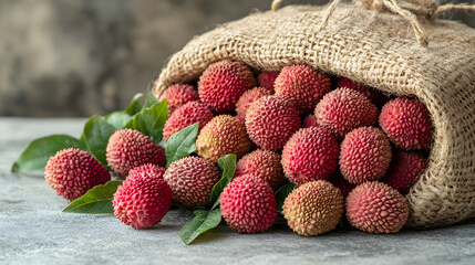 Fresh ripe lychee fruit and peeled lychee with green leaves on wooden background. rustic style, from above