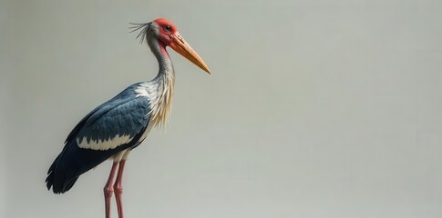 Elegant wading bird with striking plumage and a long, pointed beak stands gracefully against a softly muted backdrop