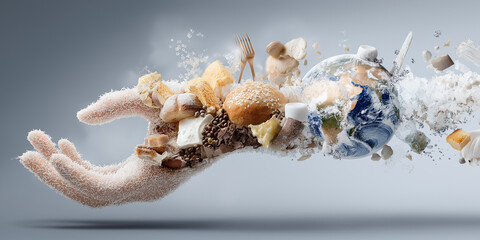 Surreal image of hand made of ice holding various foods and globe, symbolizing global food security and environmental concerns. composition is dynamic and thought provoking