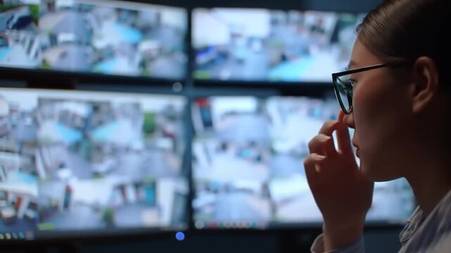 Woman monitors multiple screens displaying surveillance footage