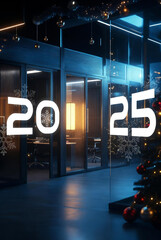 Modern Corporate Office Interior with 2025 New Year Sign on Glass Walls and Christmas Decorations