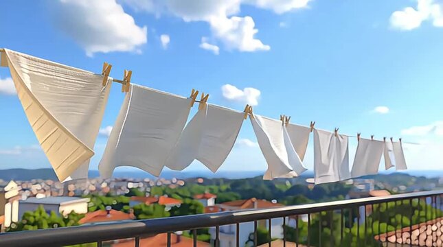 Crisp white towels hang drying on a clothesline on a sunny balcony with a bright blue sky, fluffy clouds, and distant urban coastal scenery, creating a fresh, sustainable, and idyllic domestic scene.