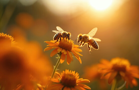 Two bees on orange flowers in soft golden sunlight. One bee lands on bloom, another flies nearby. Nature beauty, pollination, and summer scene.