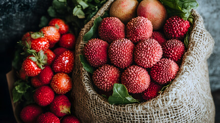 A close-up shot of a burlap bag brimming with vibrant, fresh strawberries. The rich red color and freshness of the strawberries are highlighted, making them look delicious and appetizing
