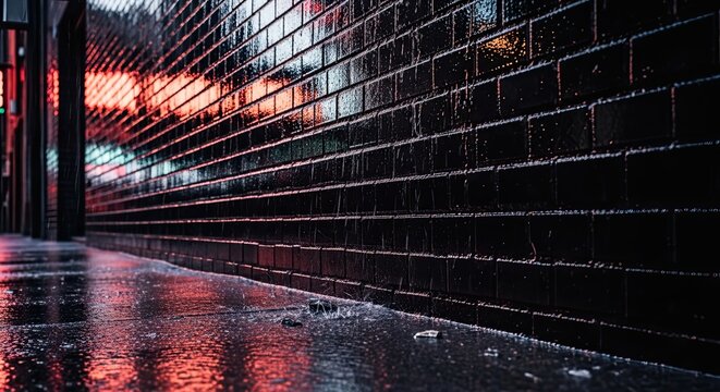 Moody urban scene featuring a wet brick wall reflecting neon lights on a rainy night creating a dramatic and atmospheric cityscape backdrop for creative projects - Powered by Adobe