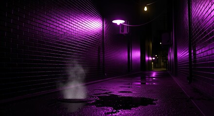 Moody alleyway scene bathed in vibrant purple light with wet pavement reflecting the neon glow and a mysterious fog rising from a manhole cover creating an eerie urban atmosphere
