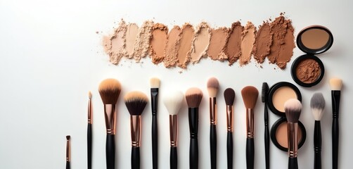 Assortment of makeup brushes and various shades of powders arranged neatly on white surface. Beauty essentials for cosmetic application include loose and compact powder.