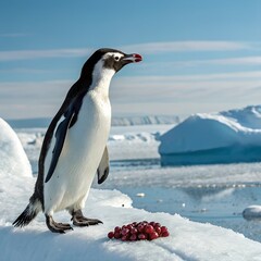 A penguin standing with ripe cranberries on a cold but clear background