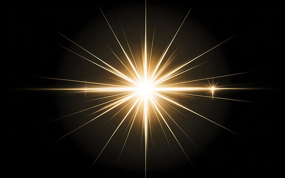 Bright golden starburst light effect with lens flare and sparkles on black background - Powered by Adobe
