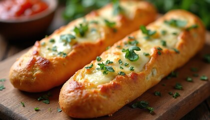 Warm cheesy garlic breadsticks with golden melted cheese, fresh green herbs rest on rustic wooden board. Small bowl of vibrant red tomato sauce ready for dipping. Savory snack delicious appetizer for