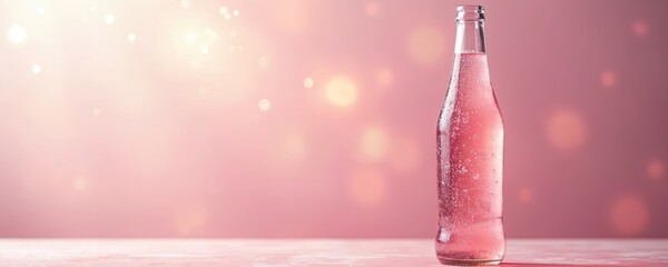 Glass bottle with pink fizzy liquid sits on surface. Bubbles rise in chilled drink against soft pink bokeh background. Refreshing beverage looks inviting, cool, and sweet.