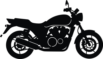 Obraz premium Black Silhouette of a Cafe Racer Motorcycle with Detailed Wheels and Engine on a White Background vector