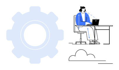 Remote work concept. Remote work setup with individual at desk using laptop, surrounded by gear symbol and cloud elements, highlighting technology. For productivity, cloud computing, workplace, tech