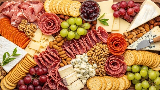 Delicious charcuterie board with assorted cheeses, meats, crackers, fruits, and nuts on wooden platter for elegant entertaining - Powered by Adobe