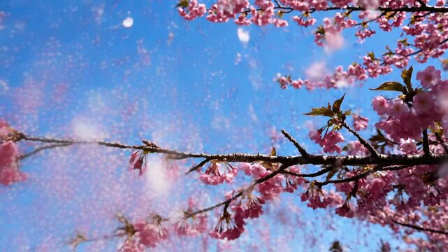 Beautiful cherry blossoms in full bloom against a clear blue sky.