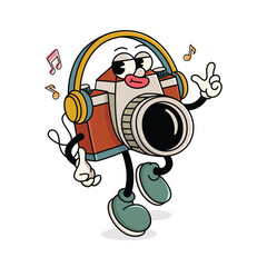 Mascot Design Cartoon Camera Vintage Style Dancing with Headphones
