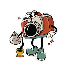 Retro Cartoon Camera Mascot with Teapot and Coffee