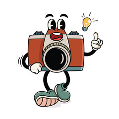 Retro Cartoon Camera Mascot with Idea Light Bulb