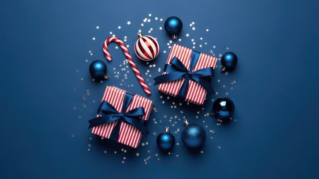 Festive american themed christmas presents and decorations arranged in a circular pattern on a dark blue background with scattered confetti - Powered by Adobe