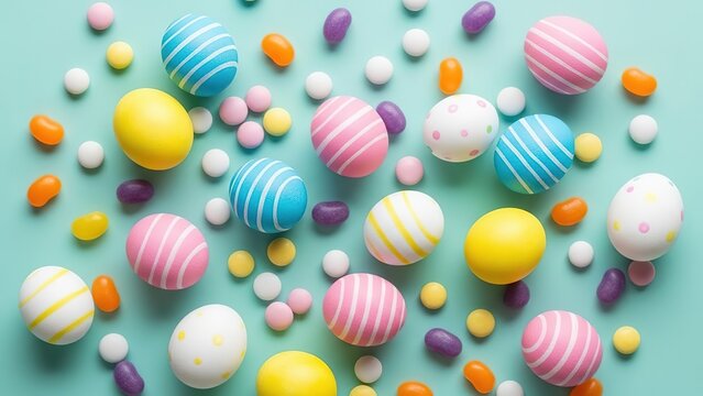 Colorful Easter Eggs and Jelly Beans Scattered on Teal Background - Powered by Adobe