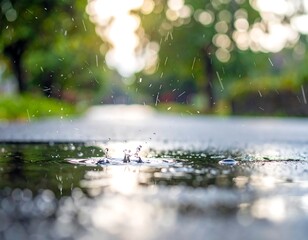 Close-up of raindrops hitting a puddle on an asphalt road. Blurred background shows greenery and light
