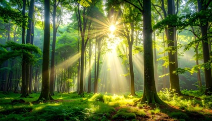 Sunlight Beams Through Lush Green Forest