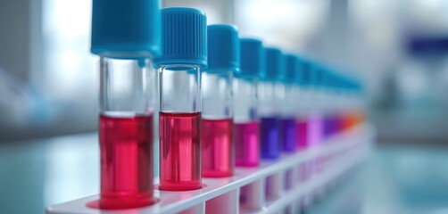 Close up photo of test tubes with colorful liquids. Laboratory research testing different samples. Scientific experiment with samples for DNA analysis in lab.