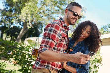 Phone, laugh or couple in backyard with scroll, bonding together and memory check on social media. Tech, happy man or woman at house with beer, relationship connection and funny post on online app.
