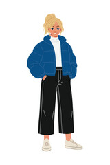 Winter fashion woman standing on white background wearing warm coat hat sweater leggings boots and bag modern cold season outfit character illustration for design use.