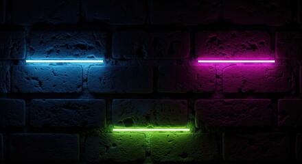 Neon lights illuminating a textured brick wall with blue pink and green colors creating a modern and vibrant atmosphere perfect for backgrounds and digital designs with a dark aesthetic