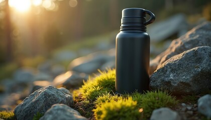 Black thermos bottle stands on green moss, rocks in nature. Soft morning sun shines on outdoor scene. Eco-friendly reusable water bottle for active lifestyle, hiking, camping, adventure travel,