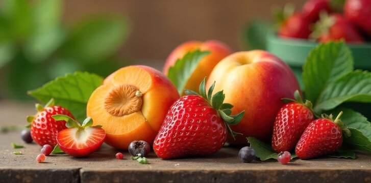 A bountiful arrangement of sun-kissed fruits, including juicy peaches and vibrant strawberries, artfully presented on a rustic wooden surface amidst fresh green leaves. - Powered by Adobe