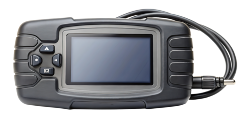 A gray handheld diagnostic tool with a screen and buttons next to a connected black cable end on transparent background