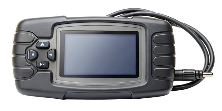 A gray handheld diagnostic tool with a screen and buttons next to a connected black cable end on transparent background - Powered by Adobe