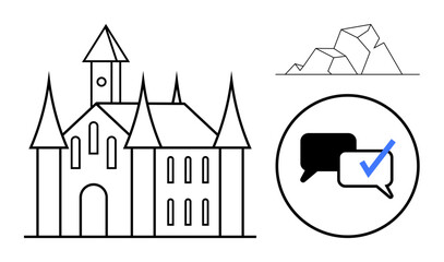 Obraz premium Gothic-style castle structure, jagged rocky landscape, and speech bubbles with a checkmark symbol, combining themes of architecture, terrain, and digital communication. Ideal for fantasy, dialogue