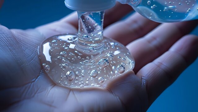 Transparent hand sanitizer being dispensed onto an open human palm, ready for use. - Powered by Adobe