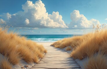 Wooden pathway leads to scenic beach under big white clouds. Golden dune grass grows on both sides. Blue sea water meets sky at horizon. Vacation mood.
