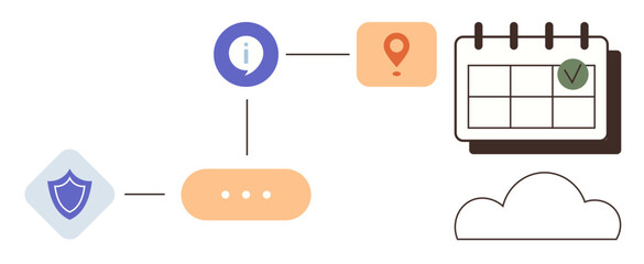 Workflow steps with shield for security, information icon, location, calendar for scheduling, cloud storage. Ideal for task management, online tools, protection, information sharing scheduling
