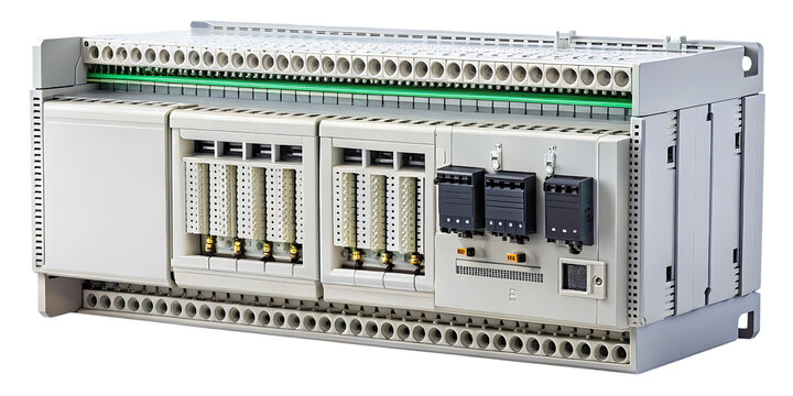 Close up view of a programmable logic controller with multiple connection ports and terminal blocks on transparent background