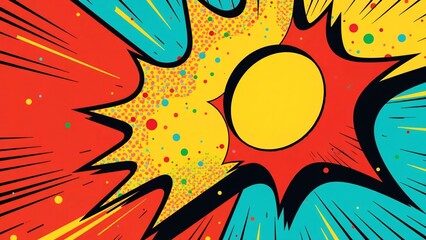 A vibrant pop art explosion background in a retro comic book style. This dynamic illustration features bold colors, radial lines, and halftone dots for an energetic and impactful graphic design