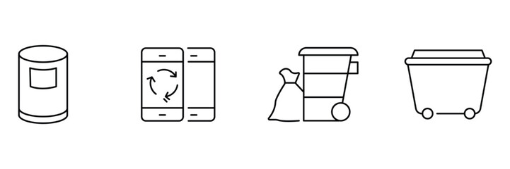 Garbage collection icon set, recycling mobile app, trash can container, waste bin trolley, dumpster outline minimal vector illustration.
