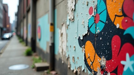 A weathered urban wall with layers of peeling paint reveals a vibrant, colorful abstract mural, a hidden poster of street art style and the beauty of decay in a city alleyway