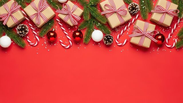 Festive overhead view of christmas presents and decorations arranged on a vibrant red background