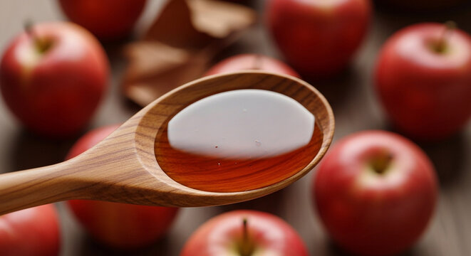 A wooden spoon filled with apple cider vinegar, with fresh red apples scattered around on a rustic wooden surface, closeup shot