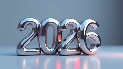 A futuristic 3D rendering of the year 2026 with shiny metallic chrome numbers, symbolizing a new beginning on a reflective surface with elegant lighting and a clean background
