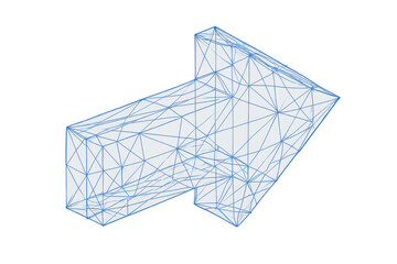 Digital wireframe arrow pointing forward, representing technology, direction, navigation, and abstract concepts on transparent background