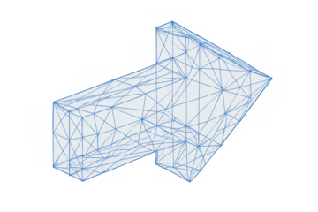 Digital wireframe arrow pointing forward, representing technology, direction, navigation, and abstract concepts on transparent background
