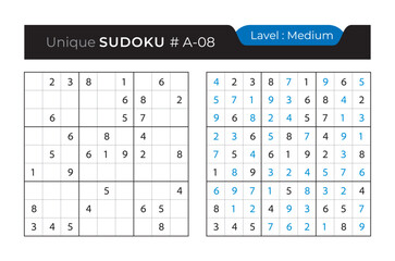 Sudoku puzzle with answer. Vector puzzle game with numbers for kids and adults. 9x9 sudoku Illustration on white background.