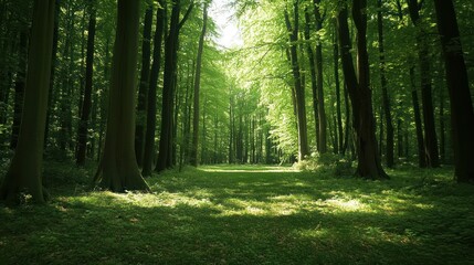 Obraz premium Sunlight filters through a lush green forest path, illuminating the way forward